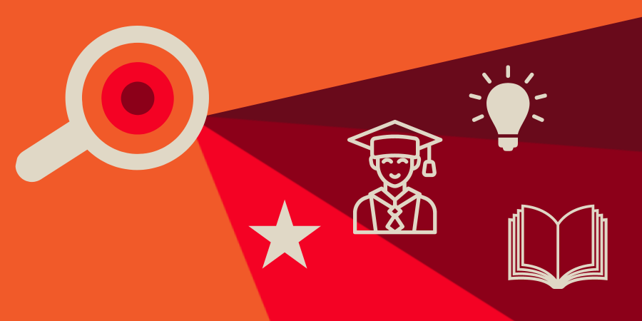 Graphic of a magnifying glass with a target inside - with spotlight colours branching out. In these colours are icons of an academic, light bulb, book and star.